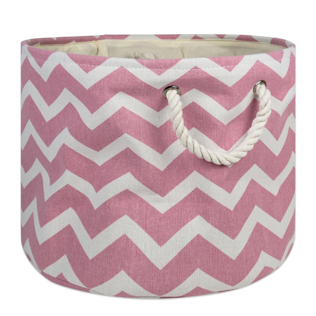 Contemporary Home Living 16" Pink and White Chevron Round Large Bin with Rope Handle
